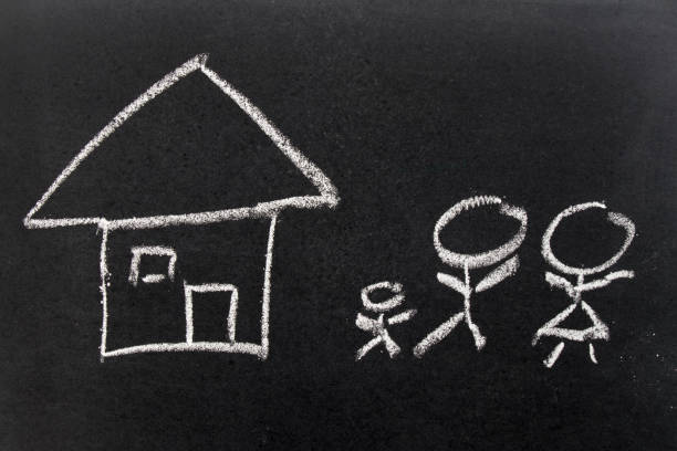 istock White chalk hand drawing as home and people as dad, mom, child (Concept of happy family) 859323516