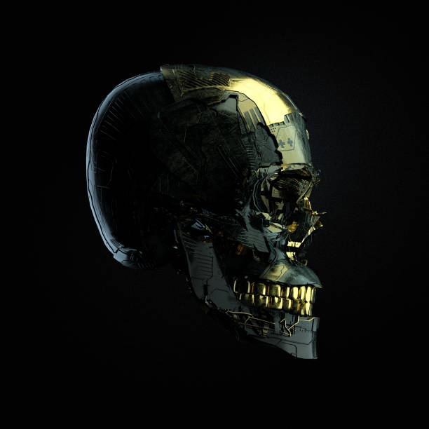 istock Robot cyborg skull with dark surface and golden glossy elements side wiev isolated on black background, 3D render 859328882