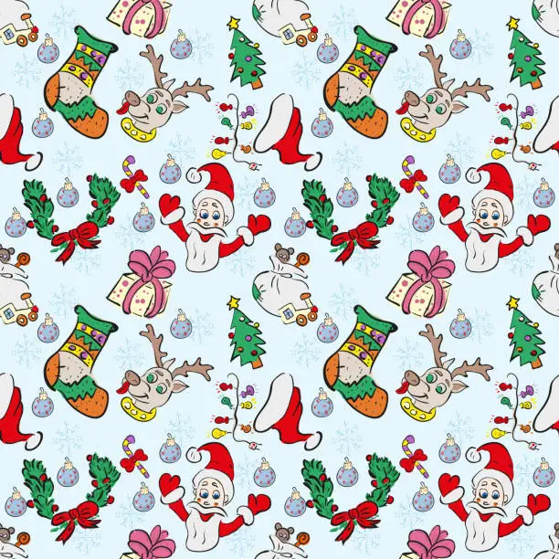 Vector illustration of Pattern in the style of children's drawings with Christmas and New Year's symbols