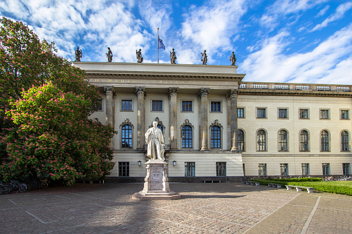 View of Helmholtz statue outside Humboldt University in Berlin, Germany