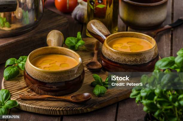 Vegetable Tomato Soup Delish Stock Photo - Download Image Now - Appetizer, Basil, Bowl