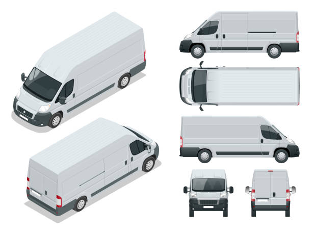 illustrazioni stock, clip art, cartoni animati e icone di tendenza di veicolo commerciale. auto logistica. minivan cargo isolato su sfondo bianco. anteriore, posteriore, laterale, superiore e isometria anteriore e posteriore cambiare il colore in un clic tutti gli elementi in gruppi su livelli separati - mini van immagine