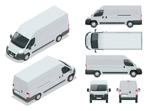 Vector illustration of Commercial vehicle. Logistic car. Cargo minivan isolated on white background. Front, rear, side, top and isometry front and back Change the color in one click All elements in groups on separate layers