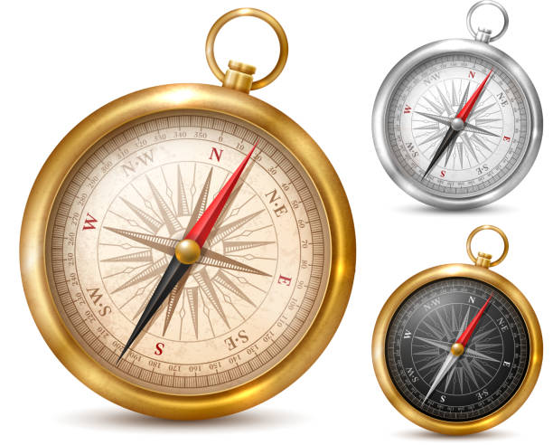 Vintage compass in metal case Vintage or retro style compass in shiny metal case. Set of different colored compasses. Vector illustration. Isolated on white background. nautical compass stock illustrations