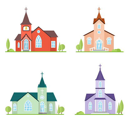 Set of flat icon churches. For web design and application interface, also useful for infographics. Vector illustration. Catholic churches landscape.
