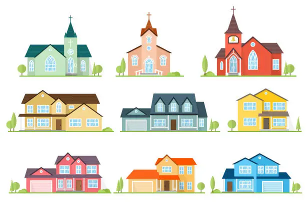 Vector illustration of Set of flat icon suburban american houses and churches