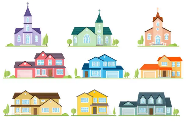 Vector illustration of Set of flat icon suburban american houses and churches