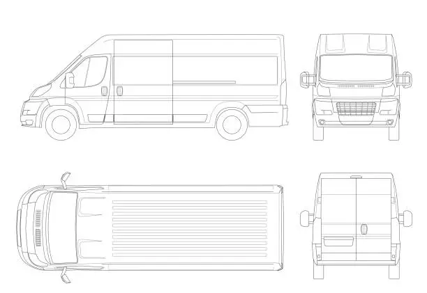 Vector illustration of Commercial vehicle or Logistic car outline. Cargo minivan isolated on white background. View front, rear, side, top. All elements in groups on separate layers