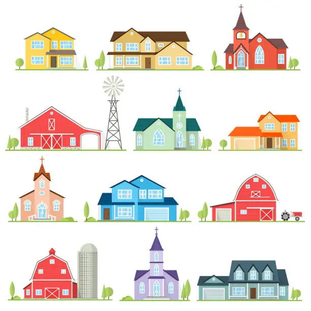 Vector illustration of Set of vector flat icon suburban american houses