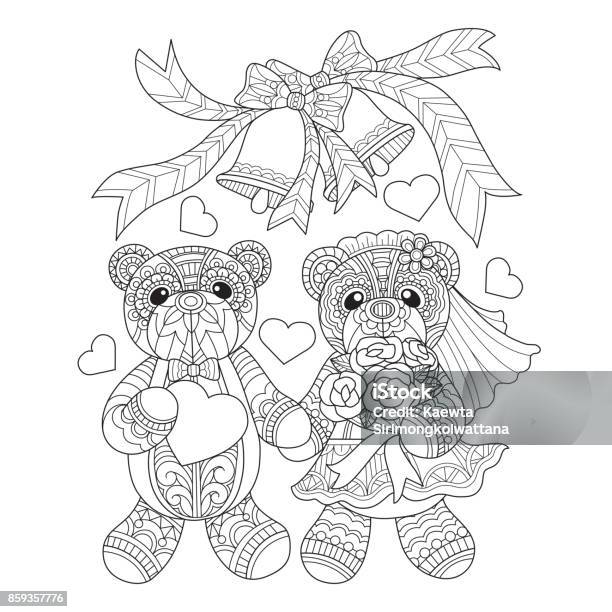 Hand Drawn Teddy Bear Wedding For Adult Coloring Page Stock Illustration - Download Image Now