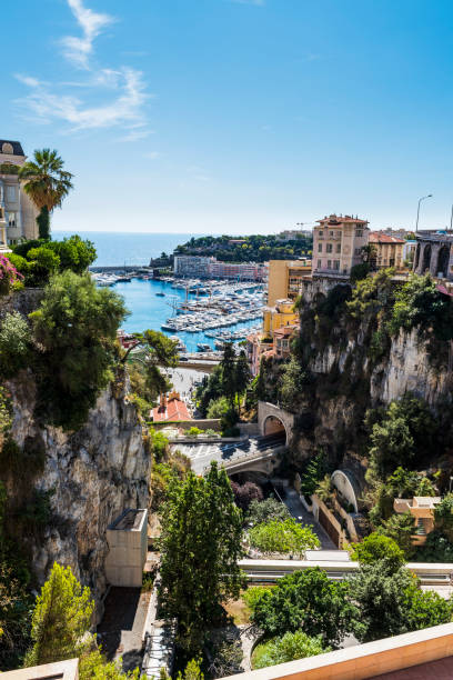 Port Hercules in Monaco viewed from the railway station. stock photo