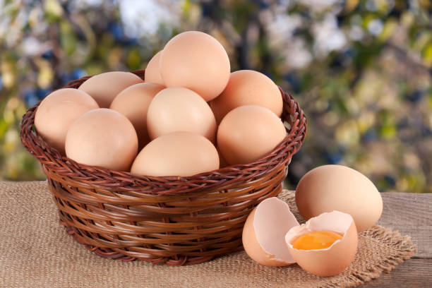 istock eggs in a wicker basket on a wooden board with blurred garden background 859358046