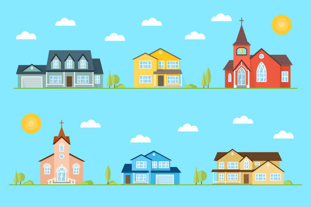 Neighborhood with homes and churches illustrated on the blue background Neighborhood with homes and churches illustrated on the blue background. Vector flat icon suburban american houses day, night. For web design and application interface, also useful for infographics. Vector illustration. modern house driveway stock illustrations