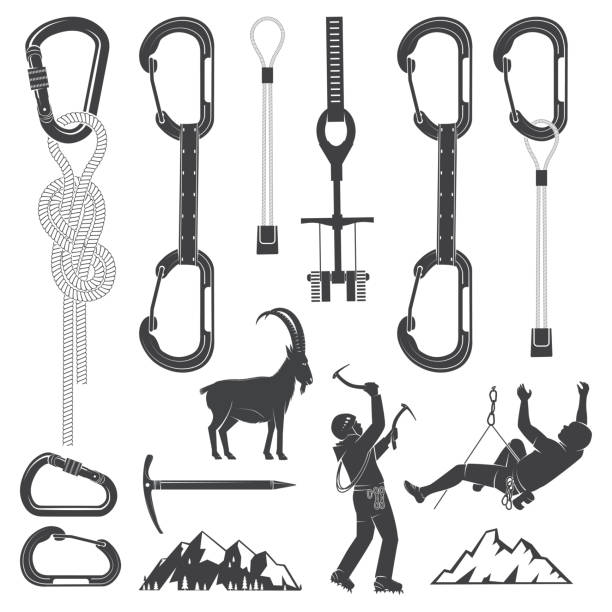 Set of Alpine Climbing Equipment silhouette icons Set of Alpine Climbing Equipment silhouette icons. Set include ice axe, mountains, goat, camming devices, climbing hardware and carabiners. Equipment icons for family vacation, activity or travel. rope climbing stock illustrations