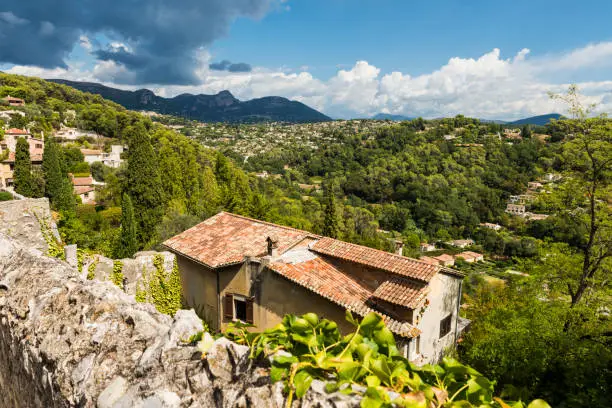 A view of the moutains from Saint-Paul-de-Vence in France. The village is located in the Alpes-Maritimes area of southeast france and is one of the oldest medieval towns on the French Riviera.