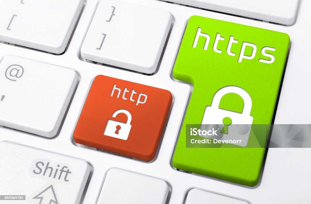 Close Up Of A Keyboard With HTTPS and HTTP Buttons With Lock Icons Hypertext Transfer Protocol Stock Photo