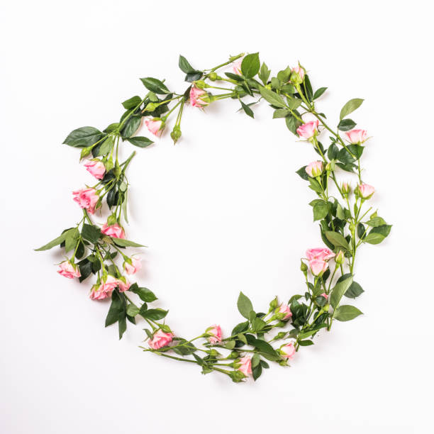 istock Round frame with pink flower buds, branches and leaves isolated on white background. lay flat, top view 859370896