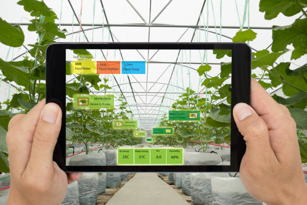 istock Smart agriculture concept, Agronomist or farmer use Artificial intelligence and augmented reality in farm to help grow systems, saving water ,resources reduce labor time, make high yield and predict 859371612