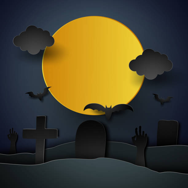 istock Halloween with graveyard in the moon , paper art style 859372306