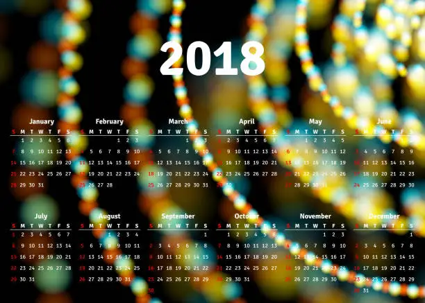 Vector illustration of Calendar 2018 horizontal A4 format starts on Sunday