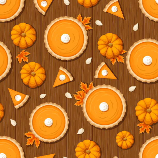 ilustrações de stock, clip art, desenhos animados e ícones de seamless pattern with pumpkin pies and pumpkins on a wooden background. vector illustration. - pie baked food pumpkin pie