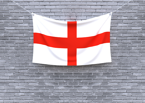 English flag hanging on brick wall. 3D illustration