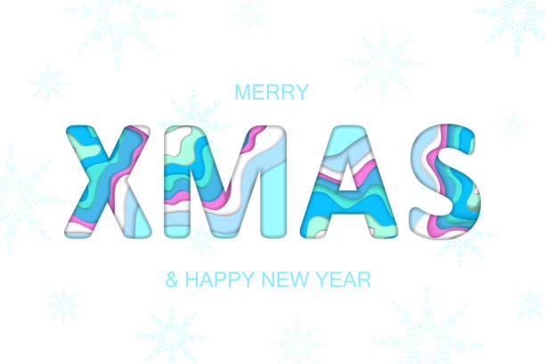 istock Merry Christmas and Happy New Year holiday greeting card. Snowflakes pattern on white winter background. Vector paper cut multi color layers text carving  creative poster design 859385668