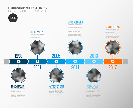 Vector Infographic Company Milestones Timeline Template with circle photo placeholders on a blue time line