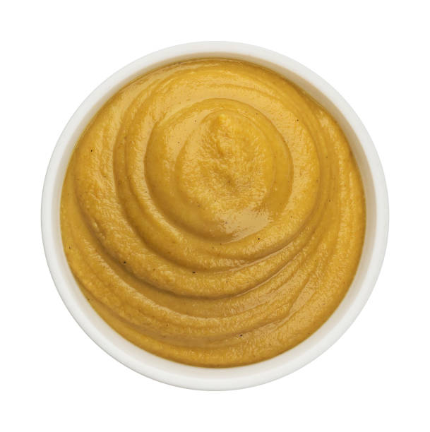 머 스 터 드 흰색 배경에 고립 상위 뷰 - mustard bowl isolated condiment 뉴스 사진 이미지