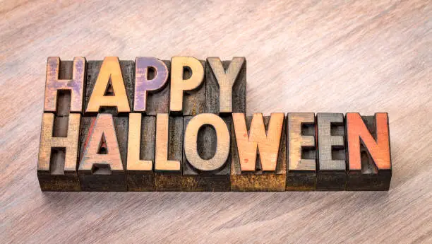 Happy Halloween banner - typography in vintage letterpress wood type