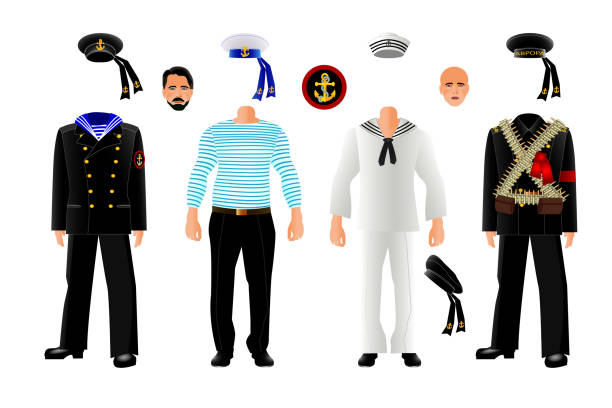 Sailor uniform set, vector Vector sailor uniform set, isolated on white background. Color illustration sailor hat stock illustrations