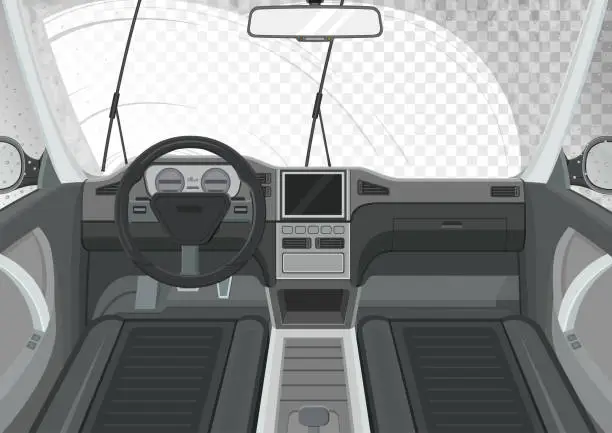 Vector illustration of Car interior. Inside view of car. Wiper cleans the windshield.