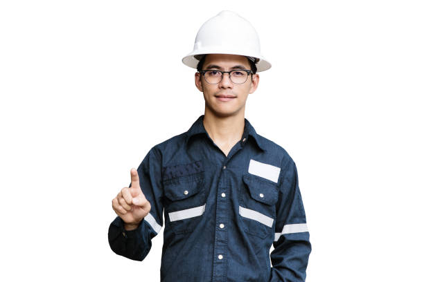 istock Asian man,Engineer or Technician in white helmet, glasses and blue working shirt suit Pointing the finger, isolated on white, mechanic and Oil and Gas industrial concept with clipping path. 859396684