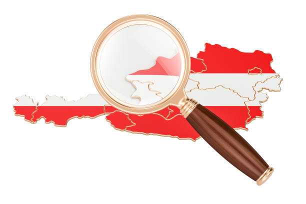 Austria under magnifying glass, analysis concept, 3D rendering isolated on white background
