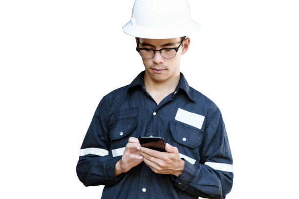 istock Asian man,Engineer or Technician in white helmet, glasses and blue working shirt suit using smart phone, isolated on white, mechanic and Oil and Gas industrial concept with clipping path. 859397022