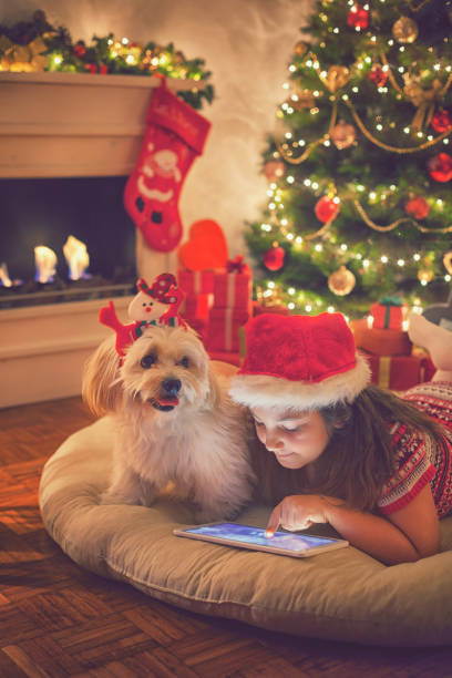 istock Beautiful little girl using digital tablet on Christmas night 859397310
