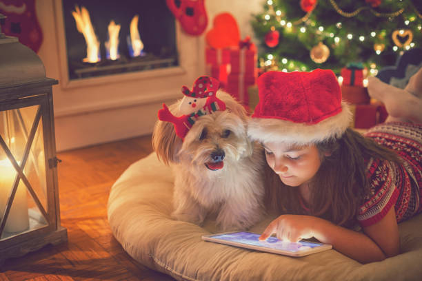 istock Beautiful little girl using digital tablet on Christmas night 859400124