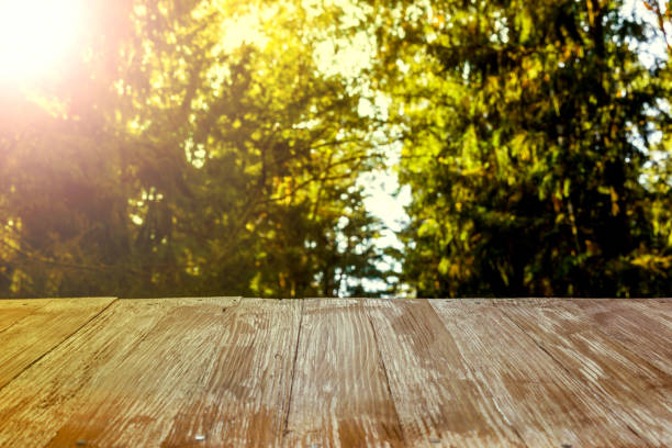 istock Empty rustic wood table top on blurred forest background at summer. Can montage or display your products 859400940