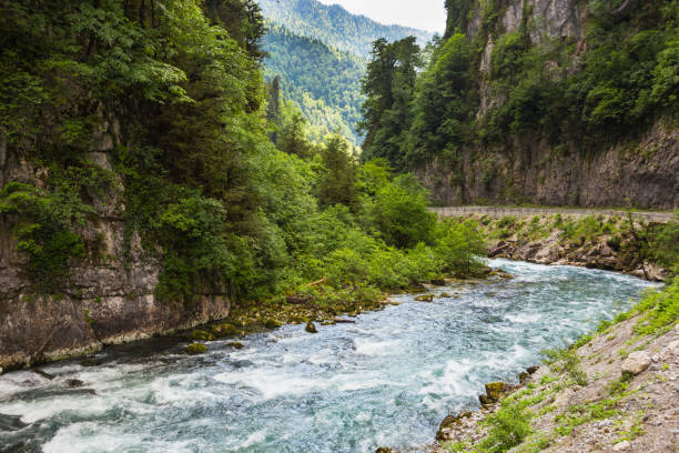 Landscape in Abkhazia with the Caucasian ridge and river