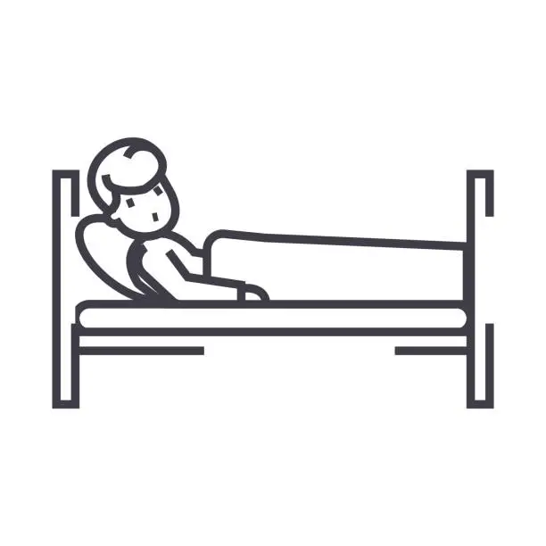 Vector illustration of patient in hospital bed vector line icon, sign, illustration on background, editable strokes