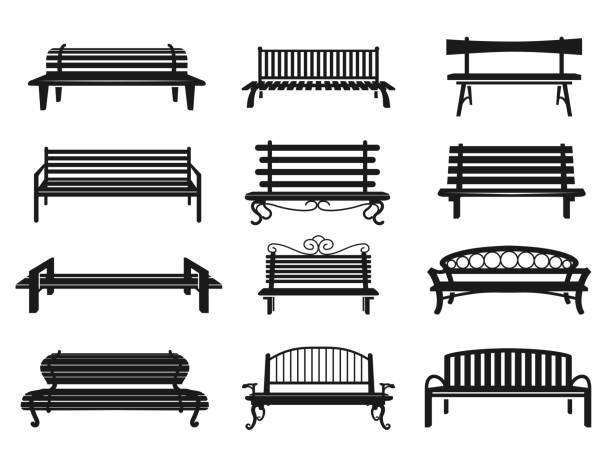 Park beach black set Park beach black set. Comfy urban long seat made of wood or metal, place for rest, enjoyment and recreation. Vector flat style illustration isolated on white background park bench vector stock illustrations