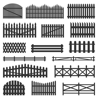 Rural fences wooden set. Constructed from posts, durability and a classical countryside look. Vector flat style illustration isolated on white background