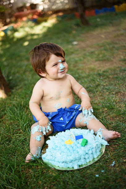 istock Baby playing with a cake during cake smash birthday party 859410192