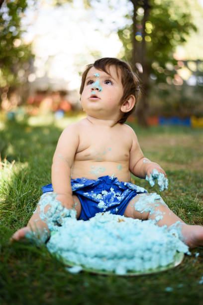 istock Baby playing with a cake during cake smash birthday party 859410252