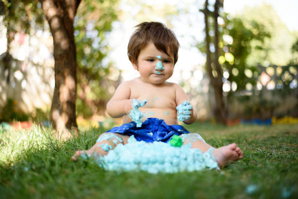 istock Baby playing with a cake during cake smash birthday party 859410256