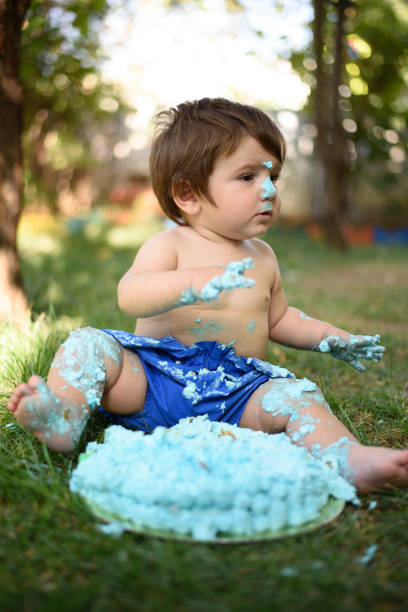 istock Baby playing with a cake during cake smash birthday party 859410396