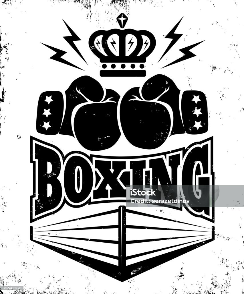 Vintage emblem for boxing. Vector vintage icon for a boxing with two gloves, crown and ring. Emblem for boxing. Boxing - Sport stock vector