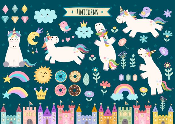 Unicorn and fairytale isolated elements for your design Unicorn and fairytale isolated elements for your design. Castles, rainbow, crystals, clouds and flowers. Cute clipart collection. Vector illustration moon clipart stock illustrations
