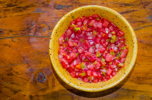 Watermelon salsa, fresh spicy and fruity dish stock photo