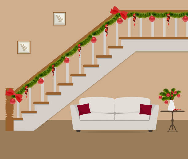 stockillustraties, clipart, cartoons en iconen met witte bank met kussens, gelegen onder de trap, ingericht met kerstversiering - christmas tree